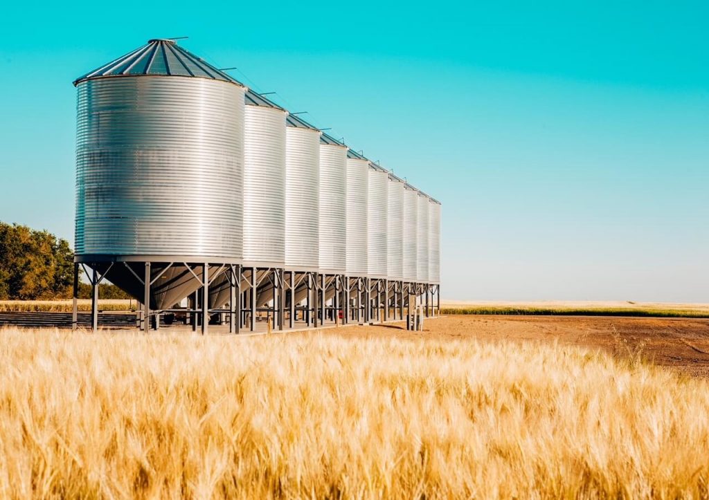 Wheat farm and grain silos in Saskatchewan